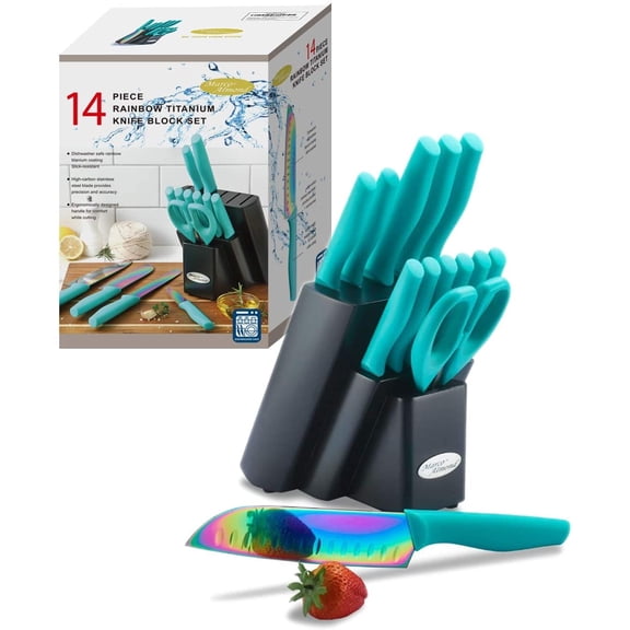 Kitchen Knife Set DISHWASHER SAFE Marco Almond KYA27 14PC Rainbow Kitchen Knife Block Set,Titanium Cutlery Knife Set,Teal