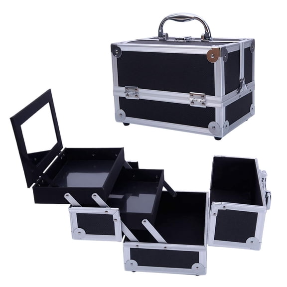 Makeup Train Case Cosmetic Box 10 Inches Jewelry Organizer Professional 2 Tiers Trays with Mirror and Brush Holder Lockable Key Portable Travel Black
