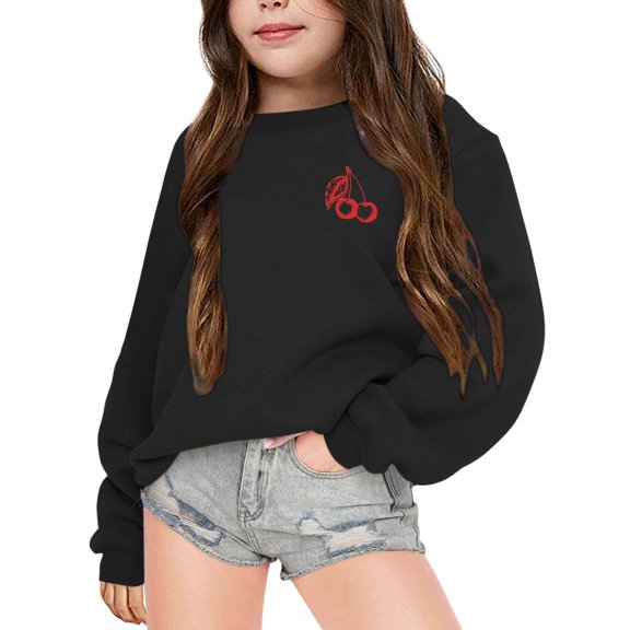 WOYY Girl's Cute Sweatshirt Preppy Graphic Crewneck Long Sleeve Pullover Top, Black, Sizes 3-14