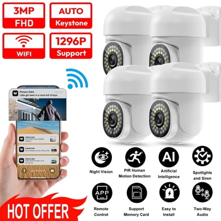 Outdoor Security Camera 4 Pack, Wide Angle AI Motion Tracking, Open-Al GPT, 911 Pro Monitoring, US Local Cloud, 2-Way Audio for Indoor Home, Child, Elderly & Pet Monitoring