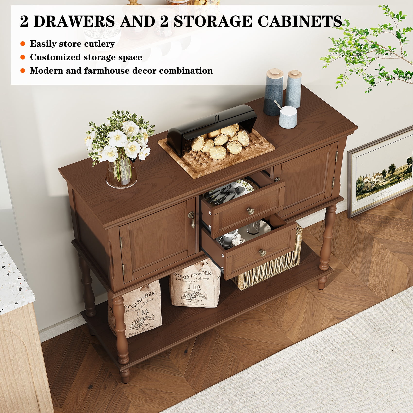 CBJCBJ 42'' Farmhouse Console Table , 2 Drawer Narrow Long Entryway Table with Open Storage Shelf , for Living Room,Brown