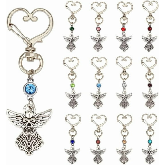 12 Colors Angel Keychain with Birthstone Guardian Angel Keyring Memorial Key Chain Silver Bag Charms Wedding Favors Key Ring