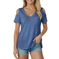 thumbnail image 2 of vigerkar Womens V Neck Cold Shoulder Tops Short/Long Sleeve Summer T Shirts Basic Tees Blue, XL, 2 of 7