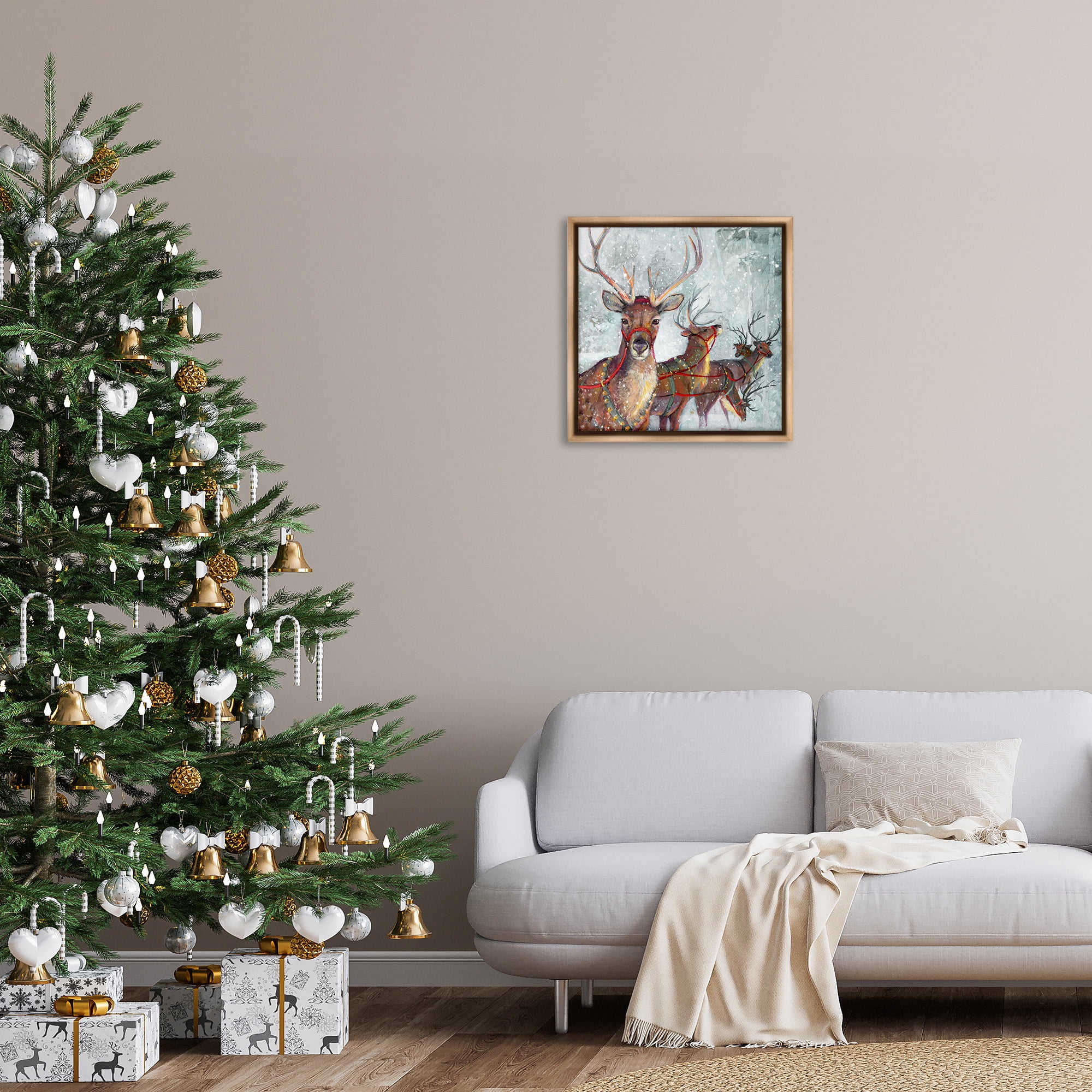 Stupell Industries Winter Reindeer Holiday Landscape Holiday Painting Brown Floater Framed Canvas Art Print Wall Art, 25 x 25