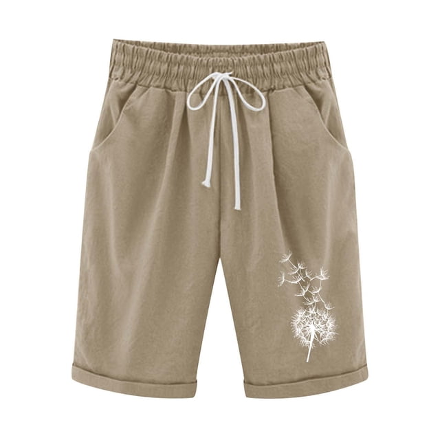 Puntoco Pantalones cortos de algodón para mujer Pantalones cortos de béisbol con cintura elástica y cordón estampado para mujer