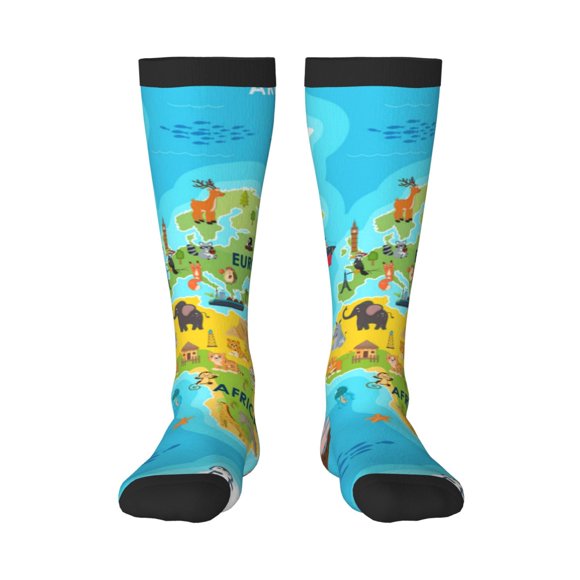 Gaeub World Map With Animals Landmarks Print Design Socks Stretchy High Tube Socks for Men Women Teens , Softball Soccer Socks for Hiking, Sport