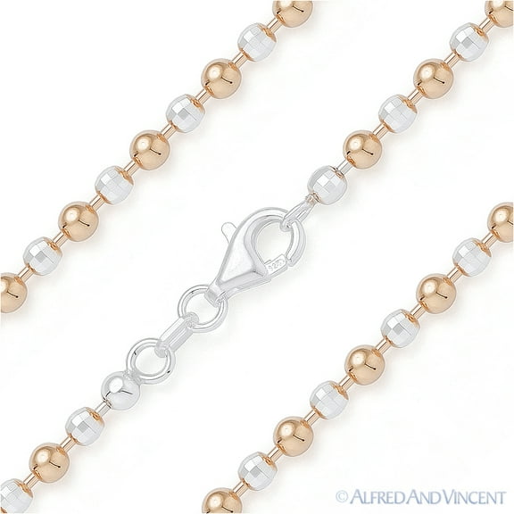 3.1mm Ball & Faceted Bead Link Chain Necklace in 925 Sterling Silver & 14k Rose Gold