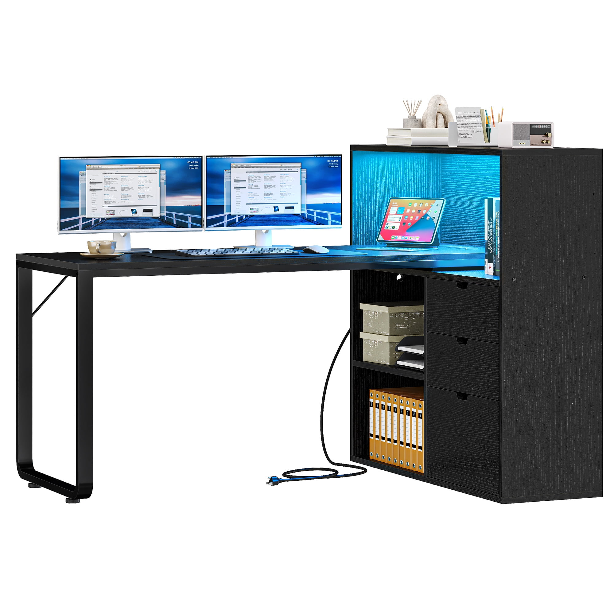 Dextrus L Shaped Desk with Power Outlets & LED Lights, Computer Desk with 3 Drawers and 3 Storage Shelves, White Office Desk Corner Desk for Home Office, Black