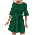 thumbnail image 2 of Wycnly Womens Dresses Fashion Flared Sleeve Solid Elastic Waist Swing A Line Mini Dresses with Belt Summer Plain Crewneck Elbow-Length Formal Short Dress Green m, 2 of 7