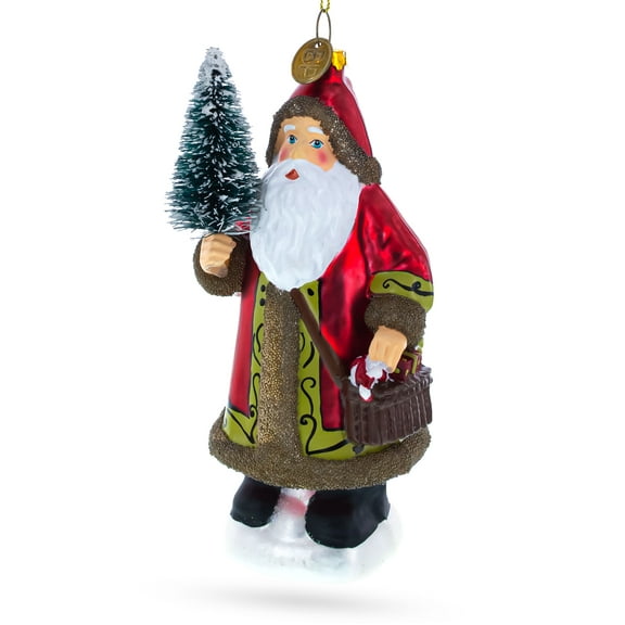 Santa with Fir Tree Glass Christmas Ornament