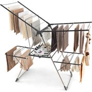 Laundry Drying Rack, Foldable Clothes Drying Rack with Height Adjustable Wings, 33 Drying Rails & Sock Clips, Freestanding Gullwing Garment Stand for Indoor & Outdoor Use (Sliver+Grey)
