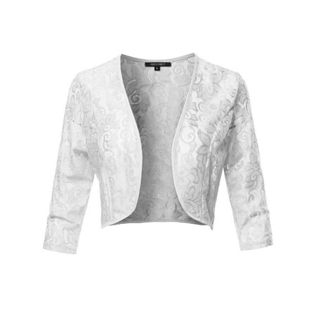 FashionOutfit Women's 3/4 Sleeve Floral Lace Shrug Bolero Cardigan Top - Made in USA