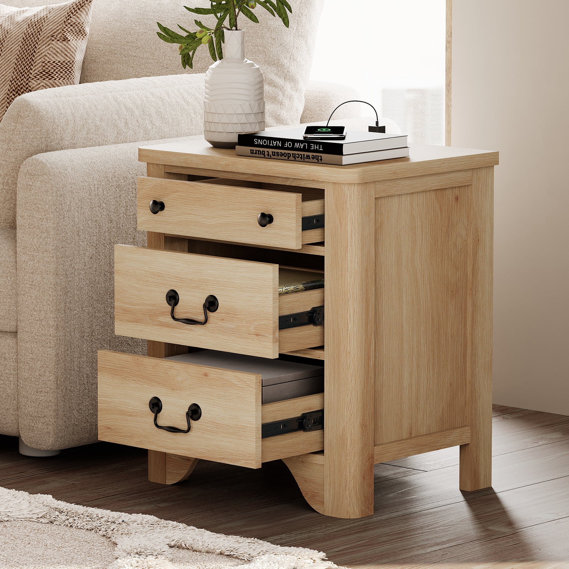 Farmhouse Nightstand with Charging Station, 3-Drawer Night stand, Wood End Table for Bedroom, Oak