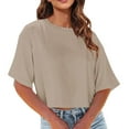 thumbnail image 2 of OSOLU Solid Color Women Crew Neck Cropped T-Shirt Tee Tops Short Sleeve Loose Shoulder Crop Tee Tops Leisure Dailywear, 2 of 6