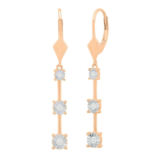 Dazzlingrock Collection Round White Diamond Linear 3 Stone Fashion Dangle Earrings for Women (0.20 ct, Color I-J, Clarity I2-I3) in 10K Rose Gold