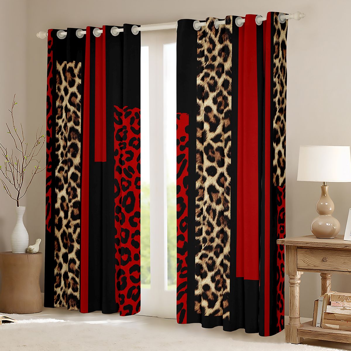 Feelyou Fashion Red Abstract Black Out Curtains, Cheetah Leopard Print Curtains Pack of 2 (42x63 Each), Chic Polkadots Bedroom Curtains, Blackout Curtains Room Decor