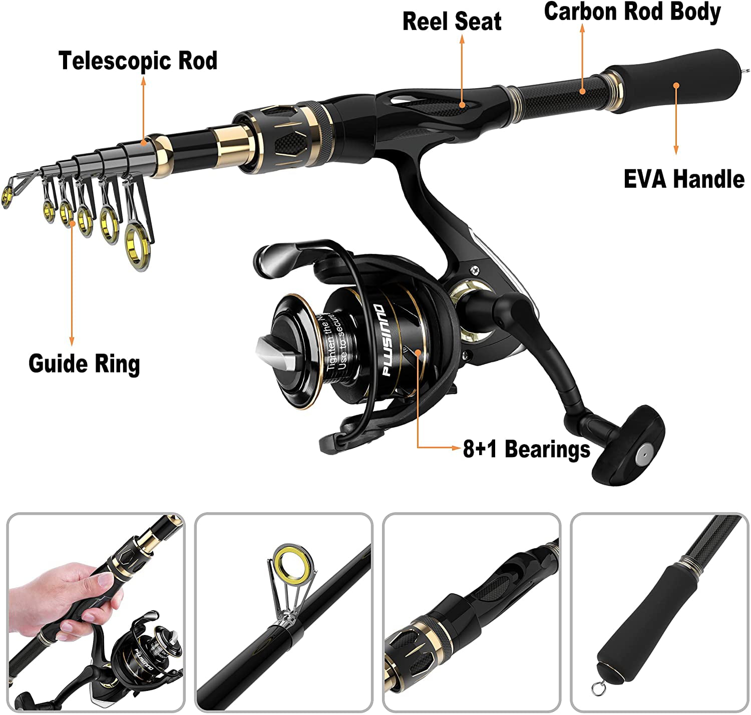 Carbon Fiber Fishing Rod for Travel Saltwater Freshwater Fishing PLUSINNO Fishing Rod and Reel Combos Set,Telescopic Fishing Pole with Spinning Reels 