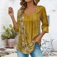 thumbnail image 4 of Uooqdmx Tunic Tops, Pleated Tops for Women, 3/4 Length Sleeve Womens Tops, Square Neck Tops for Women, Floral Tops for Women, Yellow XL, 4 of 7