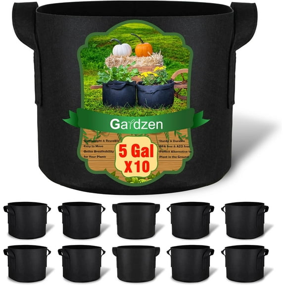 Gardzen 10-Pack 5 Gallon Grow Bags, 300G Thickened Aeration Fabric Pots with Handles, Heavy Duty Cloth Pots for Plants