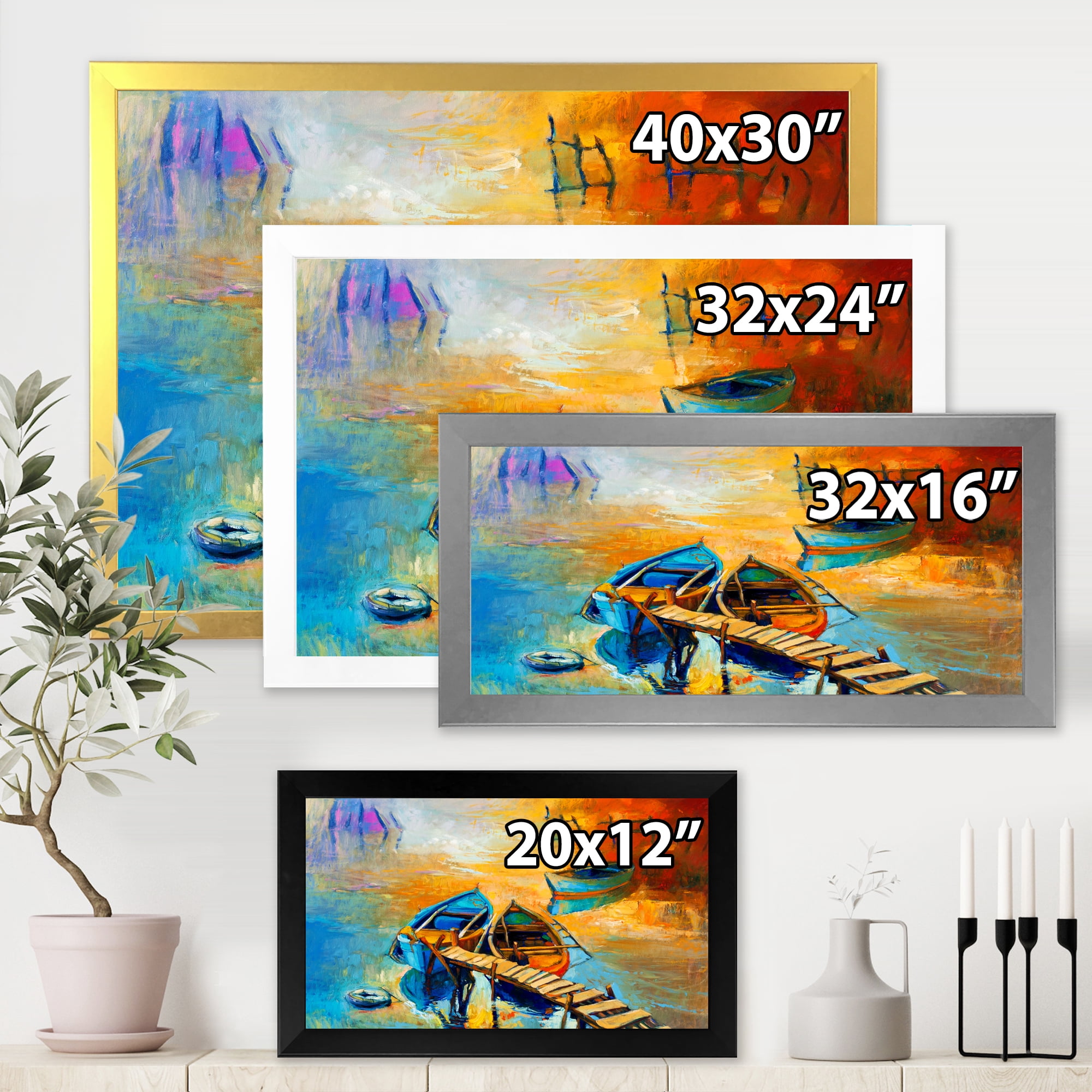 Boat At The Lake During Evening Glow V 32 in x 16 in Framed Painting Canvas Art Print, by Designart