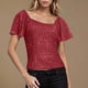 thumbnail image 2 of Mujeres de Manga Corta Tops Color Sólido Lentejuelas Moda Casual Top 95% Poliéster 5% Spandex, Nueva Blusa de Cuello Redondo para la Fiesta Y Diario, 2 of 6