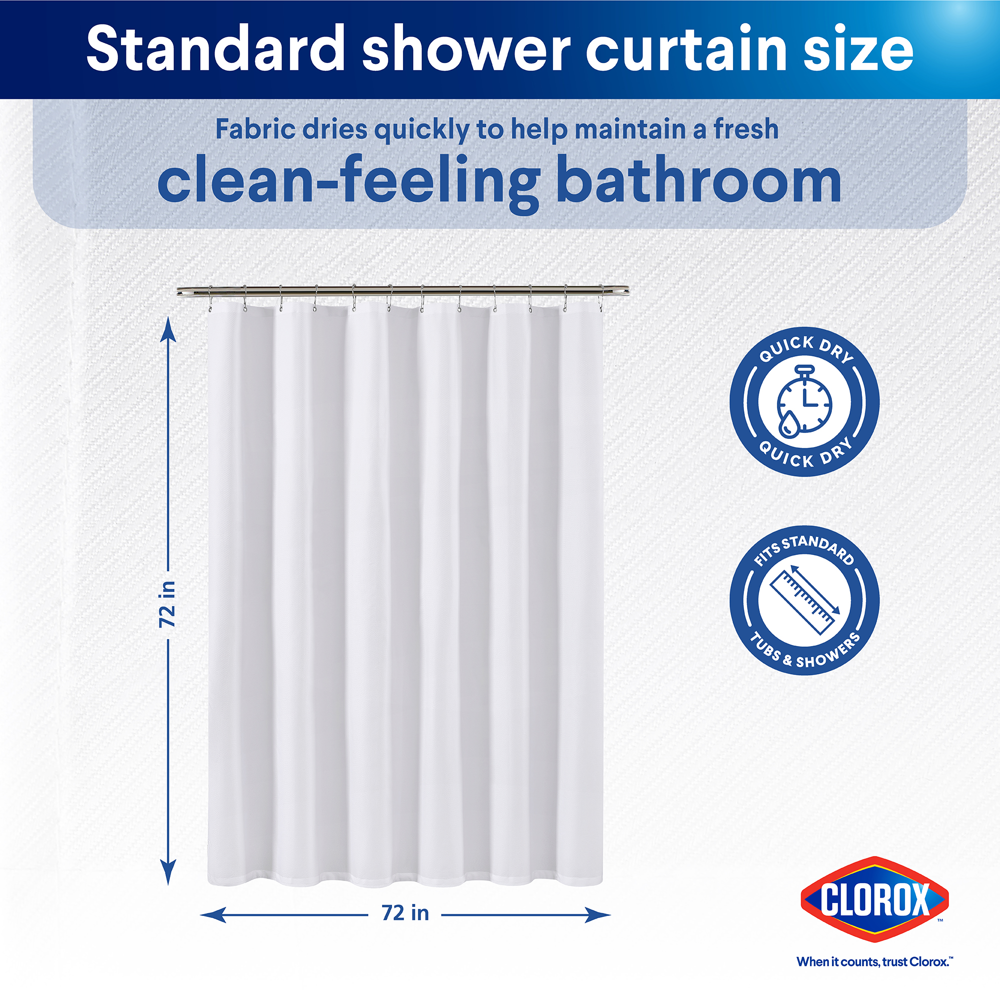 Clorox Waterproof Fabric Shower Curtain, White Pinstripe, 72x72 photo 3