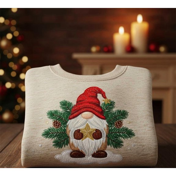 Christmas Gnome Embroidered Sweatshirt – Holiday Pine and Star Design, Cozy Winter Crewneck, Festive Embroidery Gift for Women
