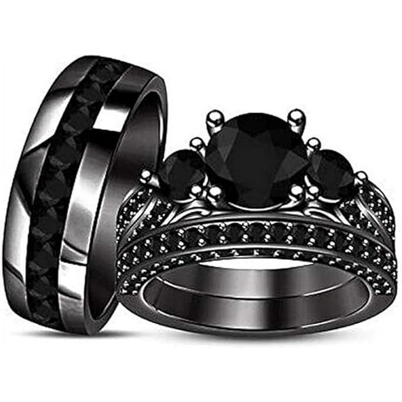 Gems Jewels Unisex 2.35 Ct Round Cut Black Diamond Engagement Three Stone Trio Ring Set 14K Black Gold Plated 925 Sterling Silver For Men's & Women's -4.5