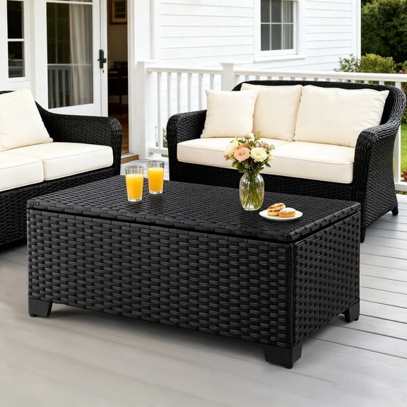 Ktaxon 2-in-1 Wicker Storage Table, Patio Coffee Table & Deck Box, 39.4x21.7x16.1in, Black