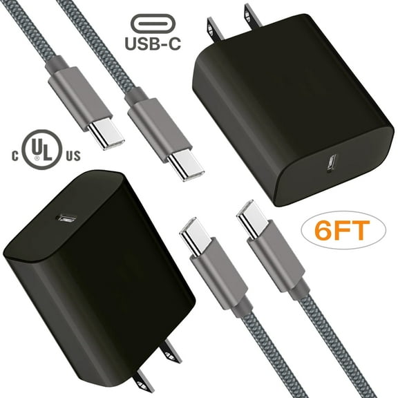 PD Wall Charger, USB-C Charger with 18W Power Delivery 3.0 Set For Samsung Galaxy Note10, Note10 , Note10  5G, 2x USB-C Cable 6ft.   2x Wall Charger, UL Certified Super Charger