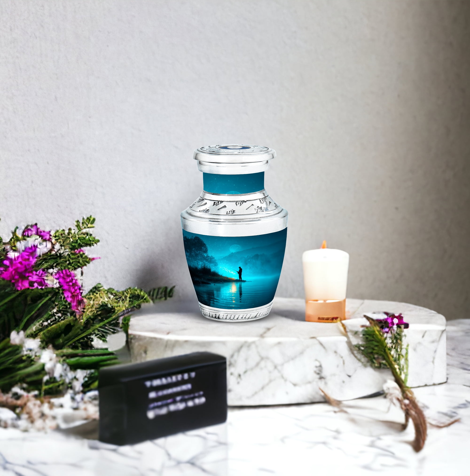MUKTIVE Fishing Silhouette Keepsake Cremation Urns for Human Ashes - Blue, Evening Small Burial Urn for Adult Human Ashes - Decorative Cremation Containers - Remembrance Gift for Loss of Mom (3 Inch)