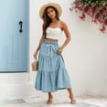 thumbnail image 6 of Yucgh Women's Denim Print Pleated Midi Skirt with Bow, Retro Casual Long Skirt, Flowy Bohemian Skirt with Elastic Waist,Blue,S, 6 of 7