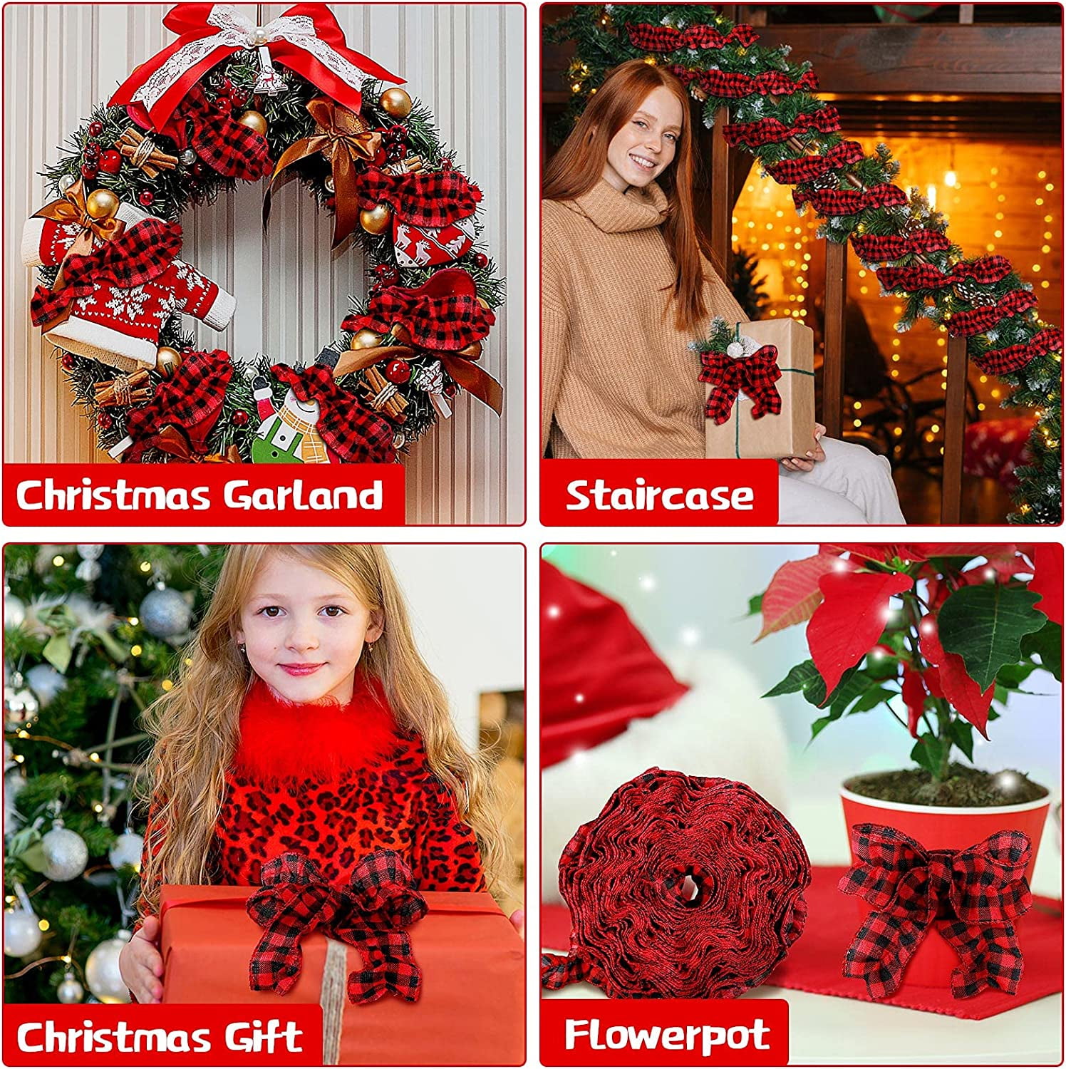 27ft Christmas Buffalo Plaid Ribbon Ruffled Homespun Fabric Garland, Christmas Tree Ribbon Decorations for Christmas Home Wreath Staircase Tree Decor