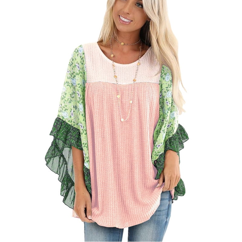 Womens Crew Neck Loose Tee Tops Striped Floral 3/4 Sleeve Blouse Casual T-Shirt 