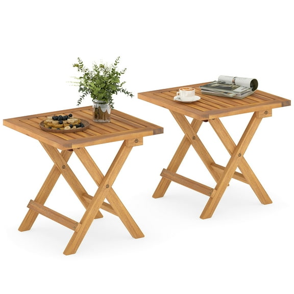 Gymax 2 PCS Outdoor Folding Side Table Acacia Wood End Table Square Patio Bistro Table
