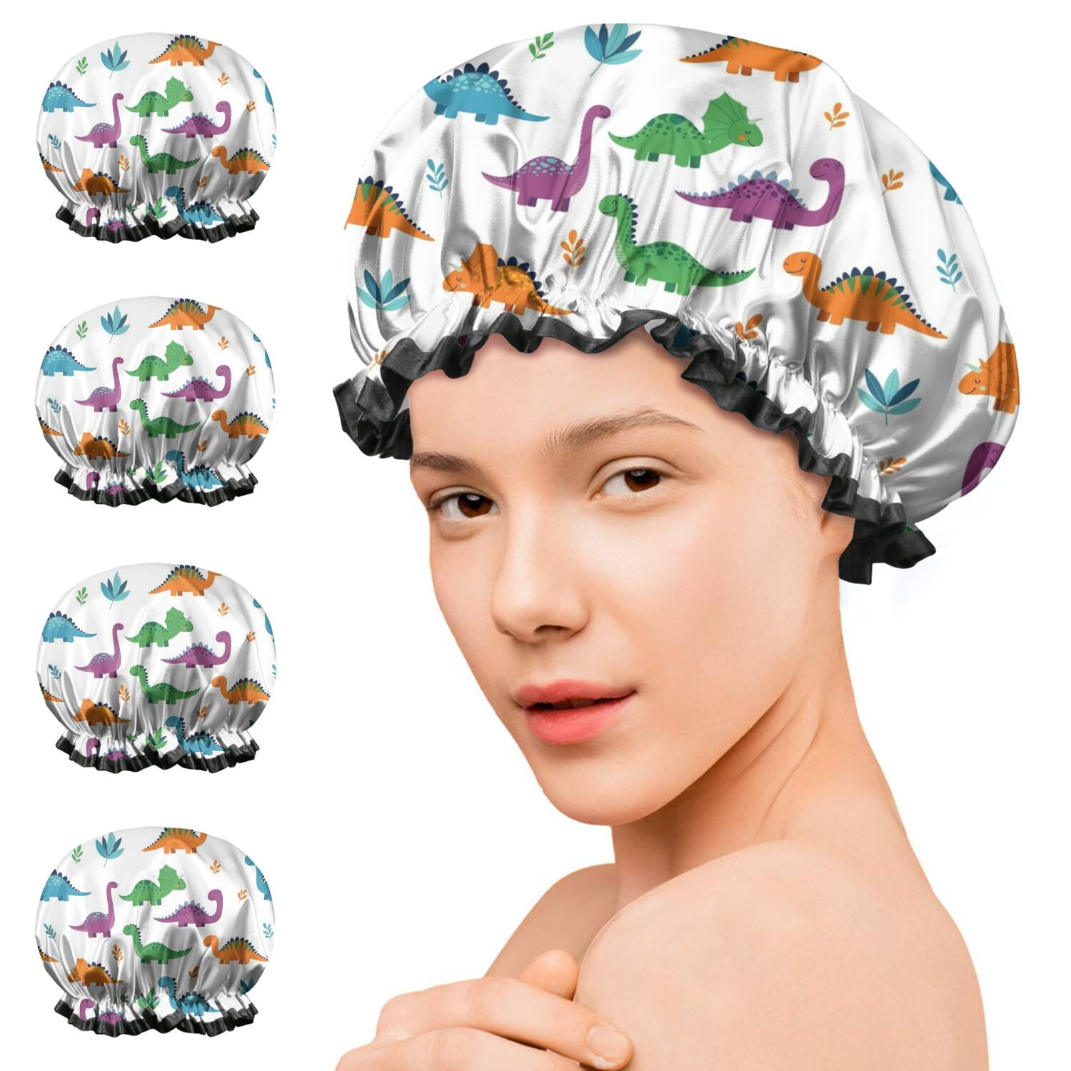 Shower Caps,White Dinosaurs Colorful Leaves Pattern Waterproof Shower Cap for Women 4 Pieces,Double Reusable Hair Cover for Shower PEVA Elastic Stretch Hem