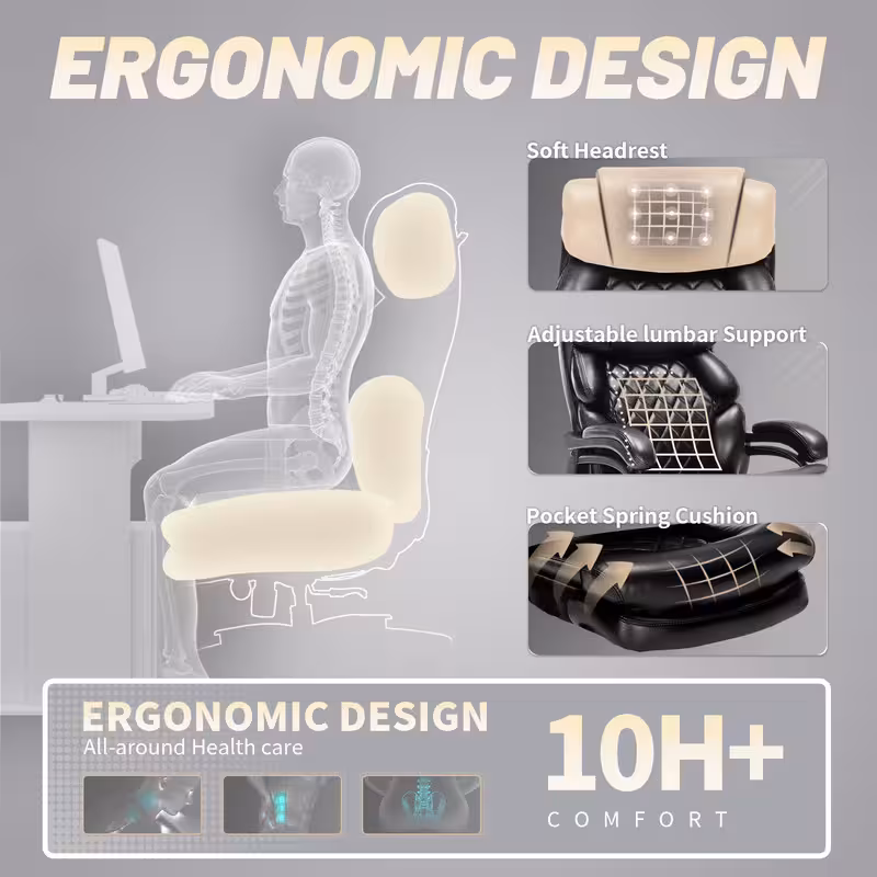 thumbnail image 6 of Qusaphy 800LBS Big and Tall Executive Office Chair, PU Leather Ergonomic Desk Chair with Adjustable Backrest and Thick Padded Cushion, Heavy Duty Chair for Home or Office Black, 6 of 8