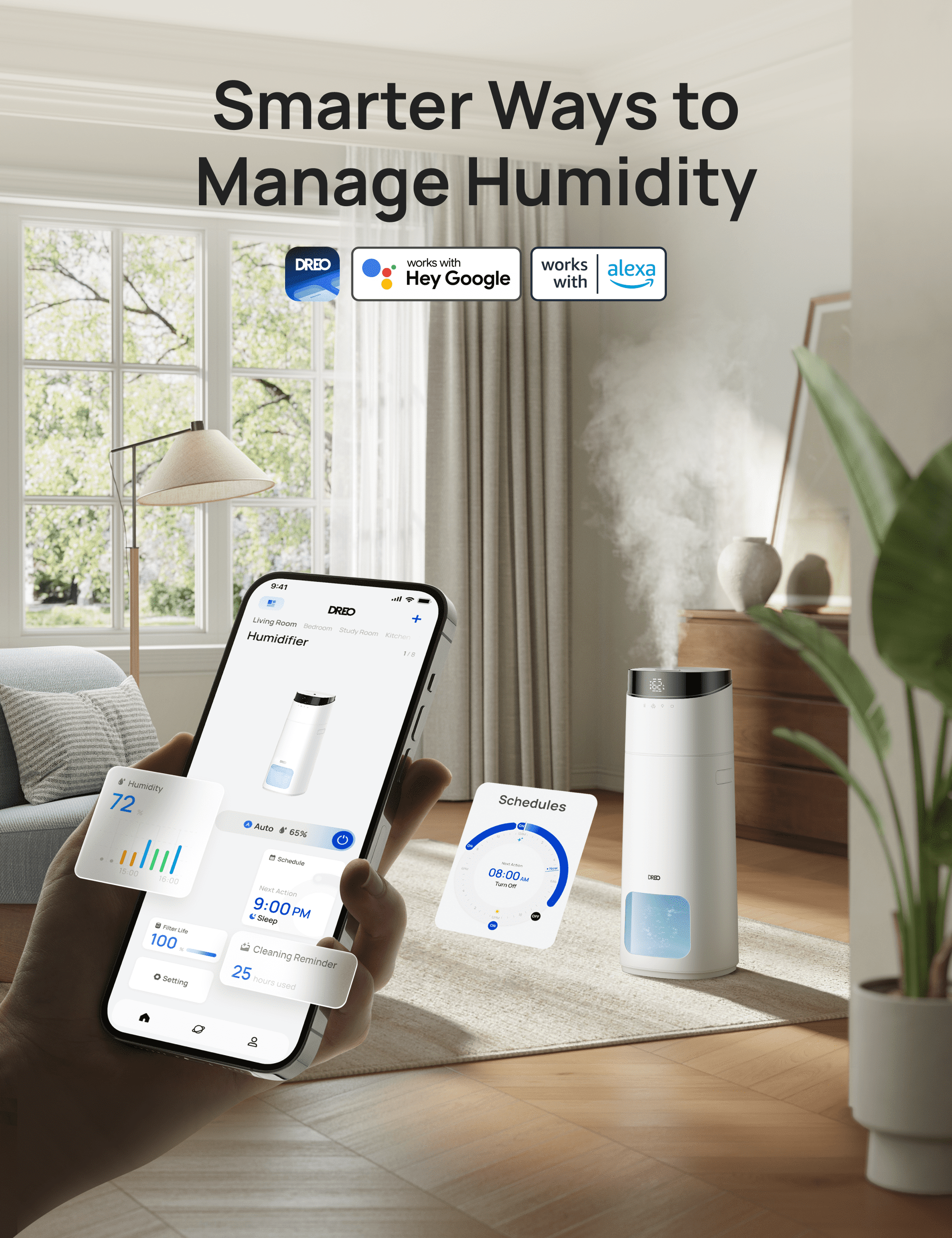 DREO 16L Smart Humidifier Large Room 1000 ft², 130H Cool Mist Humidifiers for Bedroom Plants Baby, Top Fill, Remote/Touch/Voice & APP Control, Self-Cleaning Tank, 30dB, RGB Light, HM755S White