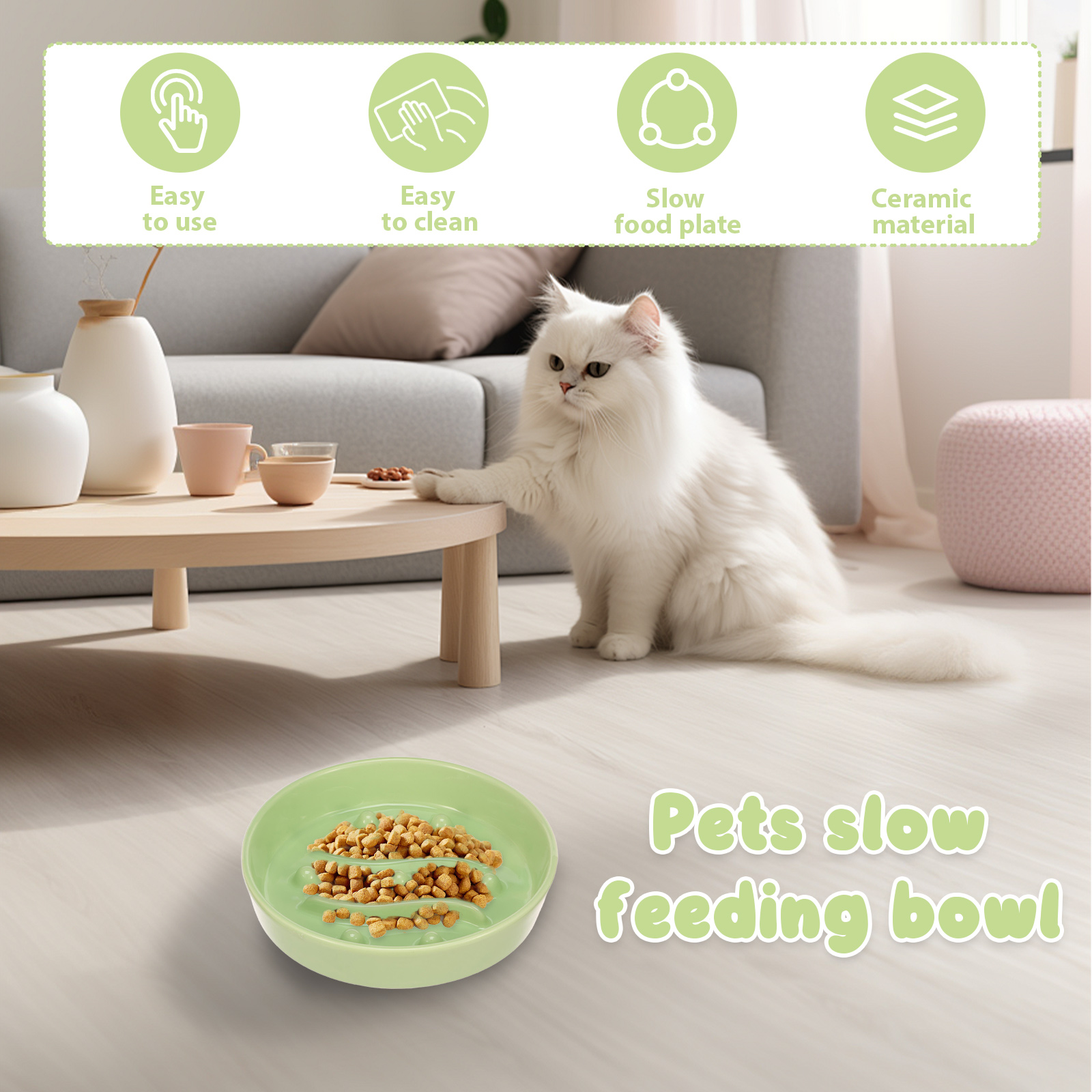2 Pcs Cat Slow Feeder Bowl Smooth Ceramic Cat Food Bowl Slow Feeder with Nonslip Bottom，Keeps Pets Busy and Prevents Puppy Overeating