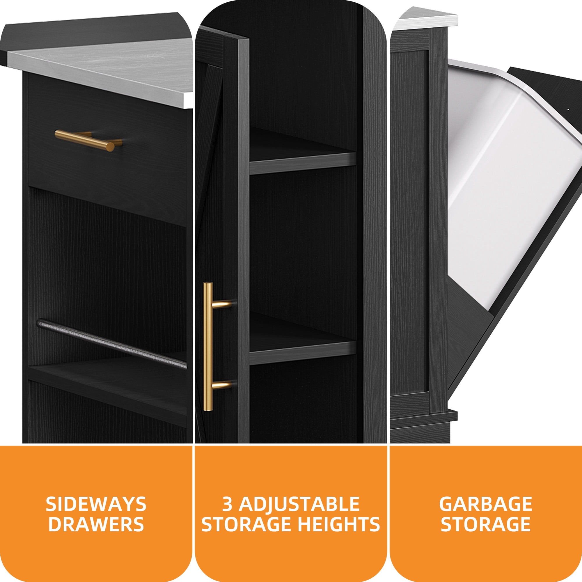 Craftian Kitchen Island with Drop Leaf & Trash Storage, Kitchen Island Table with Stools, Black