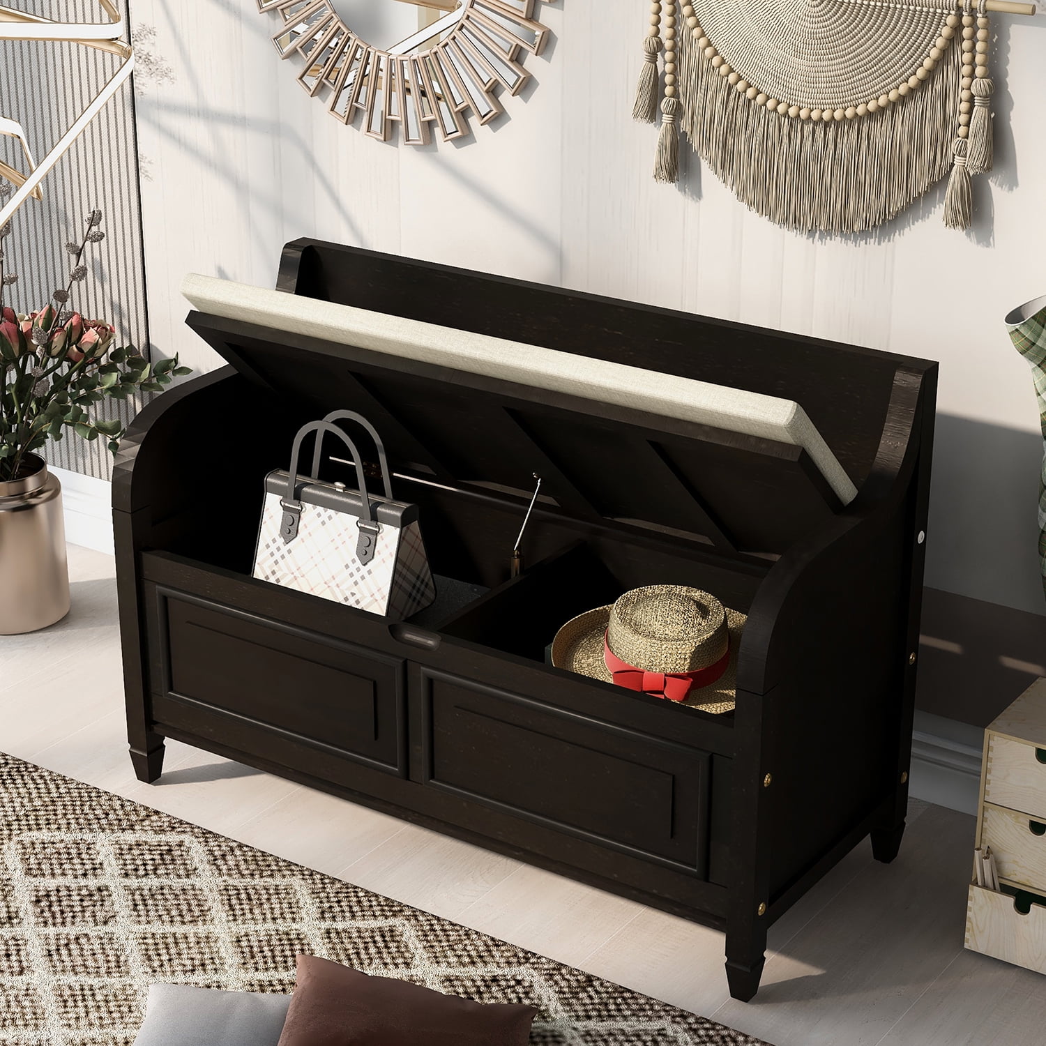 Kadyn 42" Entryway Multifunctional Storage Bench, Pine Storage Bench with Safety Hinge, Rustic Style Solid Wood Entryway Bench for Living Room, Espresso