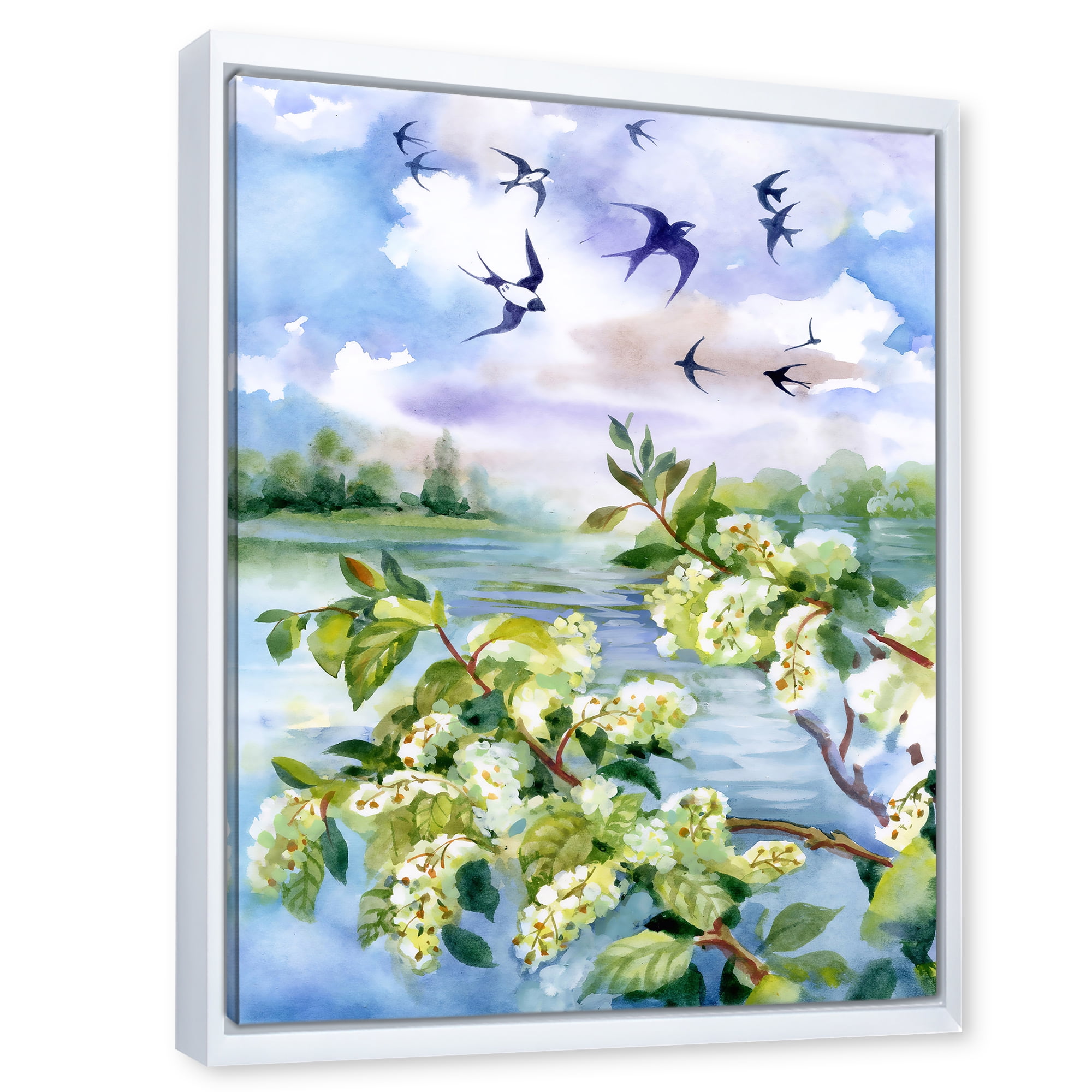 Designart 'Flowers of The Cherry Blossoms On A Spring Day Landscape' Traditional Framed Canvas Wall Art Print