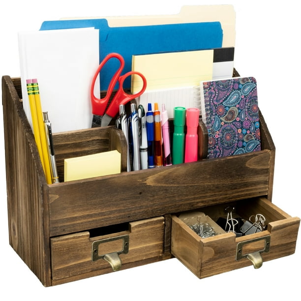Excello Global Products Rustic Wood Office Desk Organizer Dark Brown