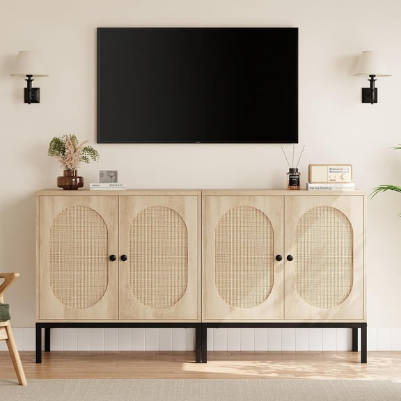 WALYWIK Buffet Cabinet, Rattan Storage Cabinet with Doors and Shelves, Accent Cabinet Sideboard, Wood Console Cabinet with Storage Entryway Cabinet for Living Room, Dining Room, Hallway (Wood)