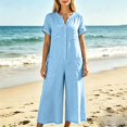 thumbnail image 4 of TOUMENY Spring Fall Jumpsuits for Women Wide Leg V Neck Button Front Jumpsuit Casual Loose Vacation Travel Lounge Romper Light Blue S, 4 of 7
