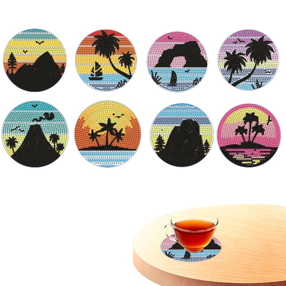 8pcs DIY Diamond Painting Coaster Kit Landscape Pattern with Stand The Perfect Choice for Home Decor and Gifting
