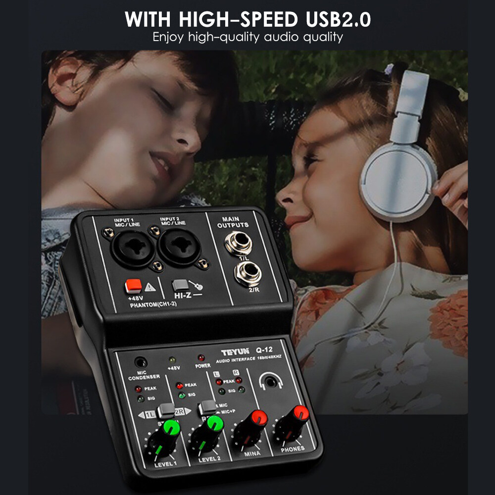 Audio Interface Professional Recording Sound Card 16bit/48kHz Mini USB Audio Interface Sound Card 2-In & 2-Out with 48V Phantom Power USB-B Cable Studio Recording Equipment for Music Recording
