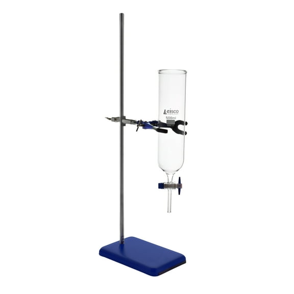 500mL Dropping Funnel with Laboratory Support Stand - Includes Glass Dropping Funnel, 3.75 lb Metal Retort Base & Rod, Clamp with Bosshead - Eisco Labs
