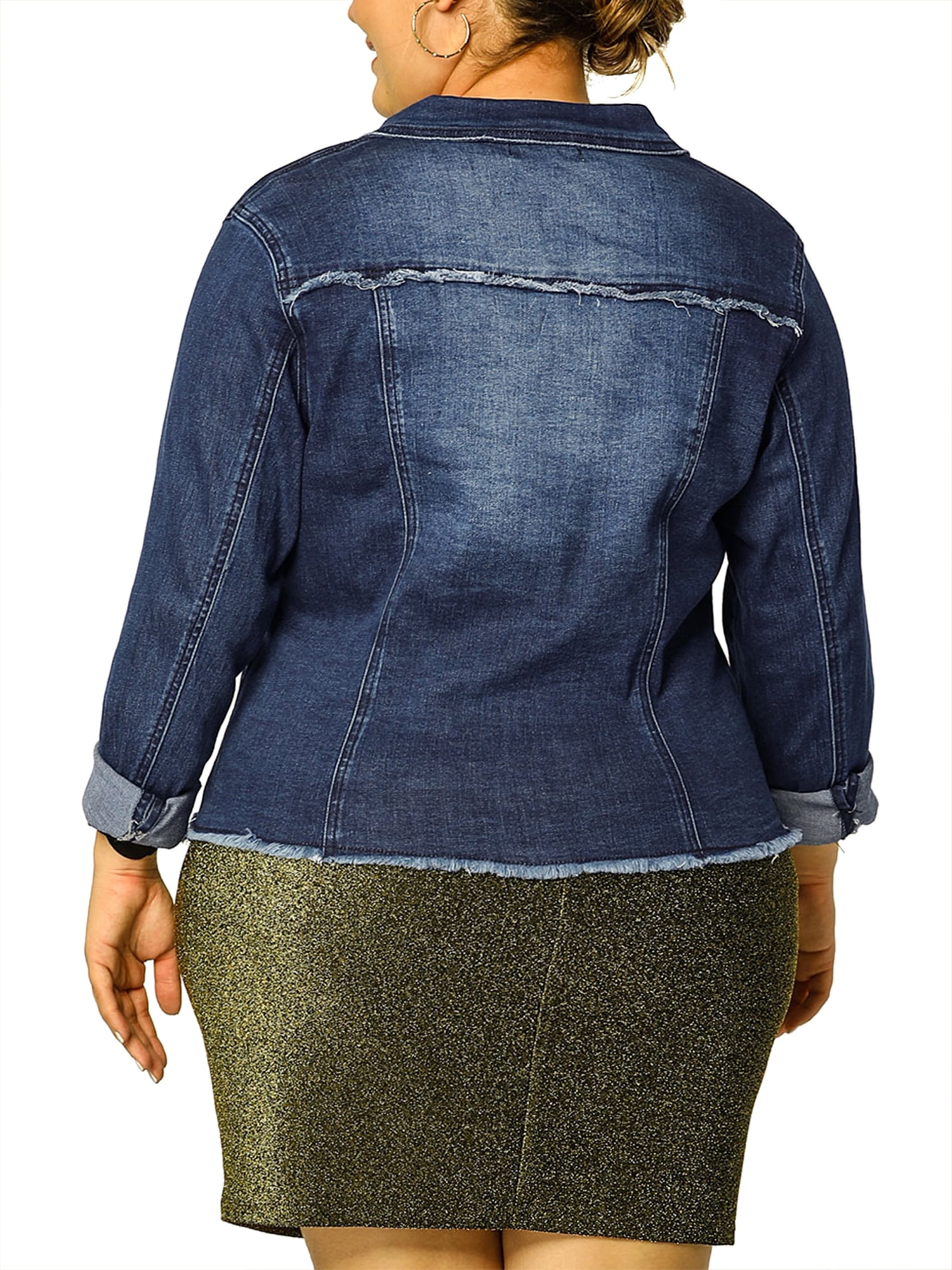 DARING DIVA Women's Plus Size Washed Front Frayed Classic Denim Jacket 3X Dark Blue