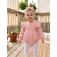 thumbnail image 5 of RUINIXCW Newborn Baby Girl Smocked Bubble Romper Infant Girls Spring Fall Winter Clothes Cotton Lien Outfit Puff Long Sleeve Bodysuit Headband Set, 5 of 10